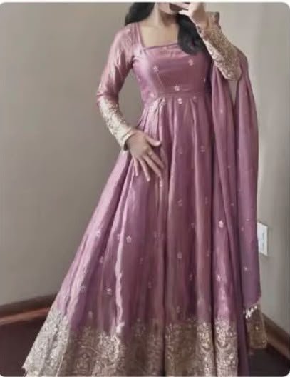 Mauve embroidered dress with ornate metallic cuffs and hem